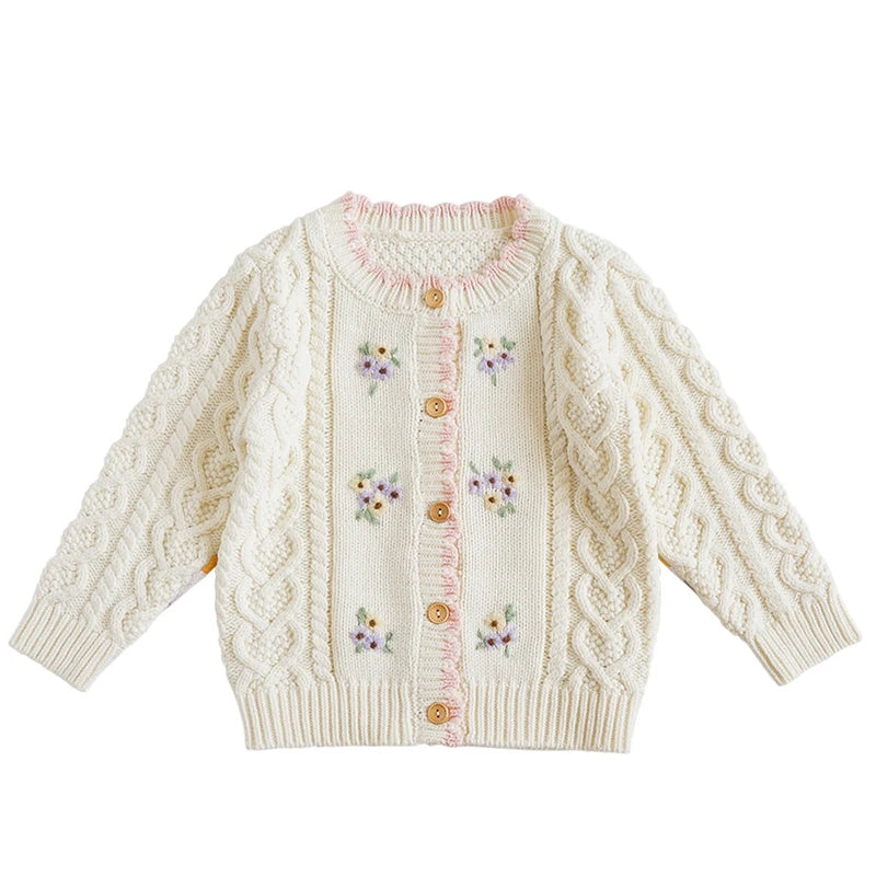Baby Girls Embroidery Sweater Cardigan Autumn Fashion Cotton Floral Collar Kids Knitted Cardigan Rabbit Coat Outerwear Korean