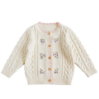 Baby Girls Embroidery Sweater Cardigan Autumn Fashion Cotton Floral Collar Kids Knitted Cardigan Rabbit Coat Outerwear Korean