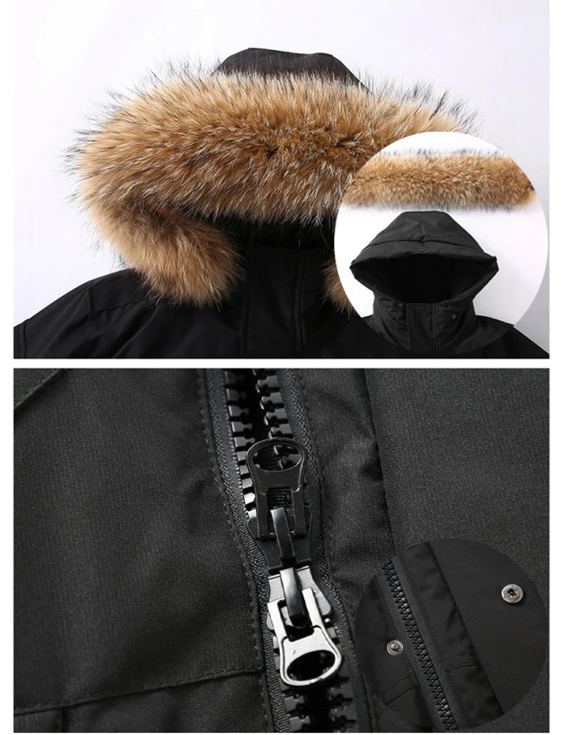 -30 Degree Down Parkas Men Windproof Hooded Thicken Multi-pocket Down Coat Casual Fashion Thick Warm Embroidered Design Parka