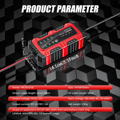Motorcycle Battery Charger 6V/12V Auto Charging Maintainer Trickle Charger for Car Battery for Boat RV Truck Lawn Mower Golf