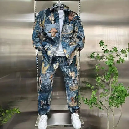 Spring Autumn Streetwear oil painting Men Set Popular Painted Shirt Jacket Trousers Fashionable Casual Versatile Two-piece Sets