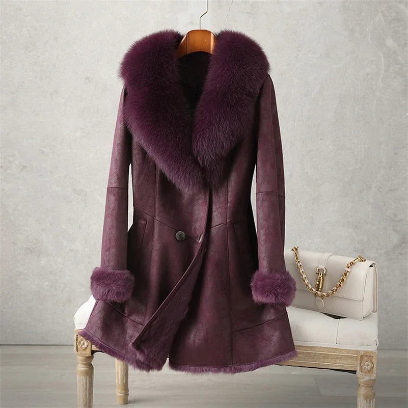 Aorice Women Real Rabbit Leather With Fur Coat Jacket Brand New Female Winter Fox Collar Trench Parka CT189