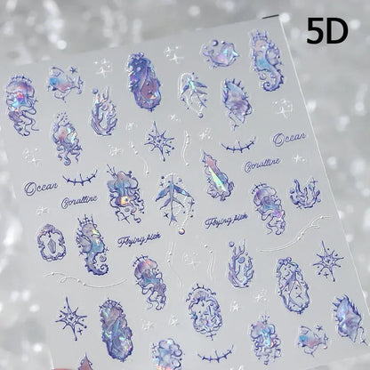 Colorful Bagful Jellyfish Bubbles Swimming Rings Rainbow Stars Ocean Starfish Self Adhesive 5D Nail Art Sticker Manicure Decal