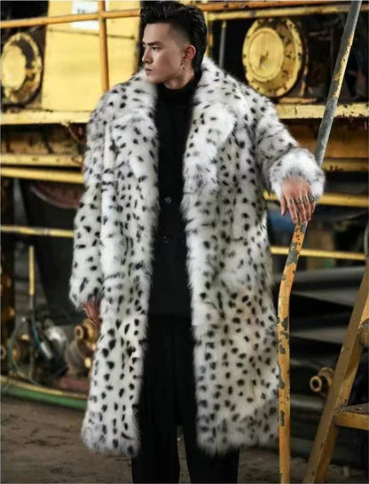 Leopard Men Winter Thick Hooded Faux Fox Fur Coat Jacket Long Sleeve Warm Luxury Fur Black Parkas Bontjas Furry Shaggy Outerwear