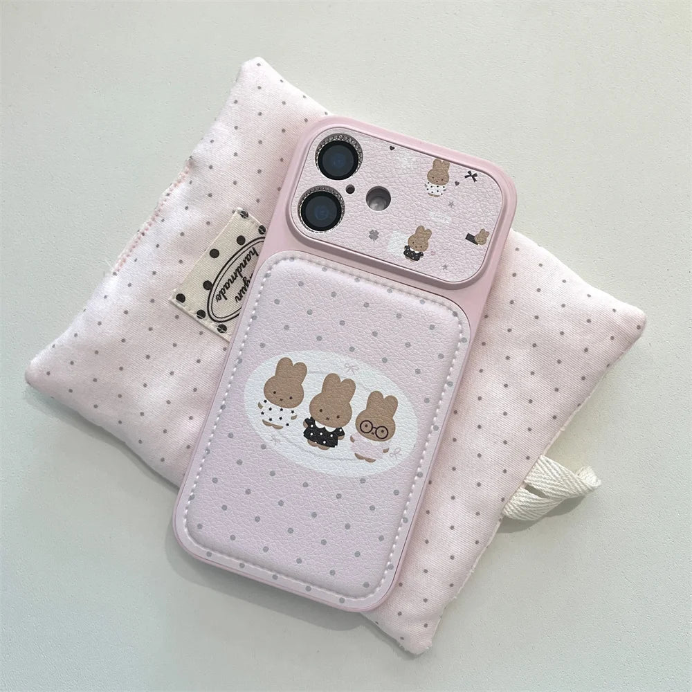 Polkadot Leather Funny Miffy Rabbit phone case for iPhone 15 Pro 14 13 16 Max 17 Pro Max Cover With Chain Cute Cartoon Cases Cap