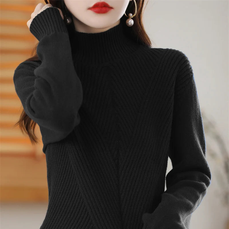 Women 100% Cotton Knit Sweater Half-high Collar Stripe Pullover Autumn Winter Thickened Bottoming Clothing Casual Knitted Tops