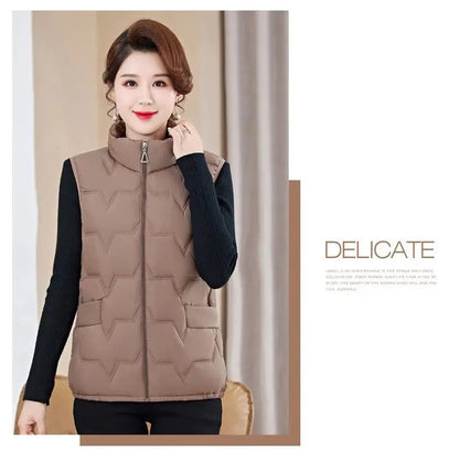 Fashion Women Down Cotton Jackets Vests Solid Stand Collar Zipper Cardigan Thicken Autumn Winter Warm Casual Sleeveless Coats