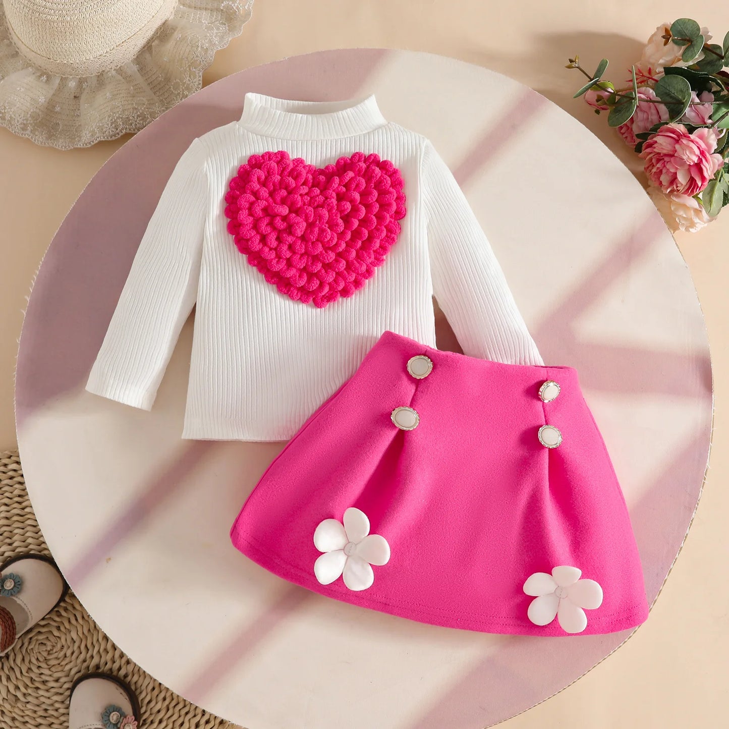 0-3Y Baby Girl Outfit Set 2pcs Puffy Sleeve Heart Shape Top and Corduroy Skirts Valentines Day Sweet Toddler Kids Clothes Girls