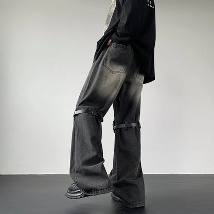 Men's Jeans Retro Trousers Knee Holes Splicing High Street Loose Denim Trousers Flared Jeans Straps Cowboy Casual Long Pants