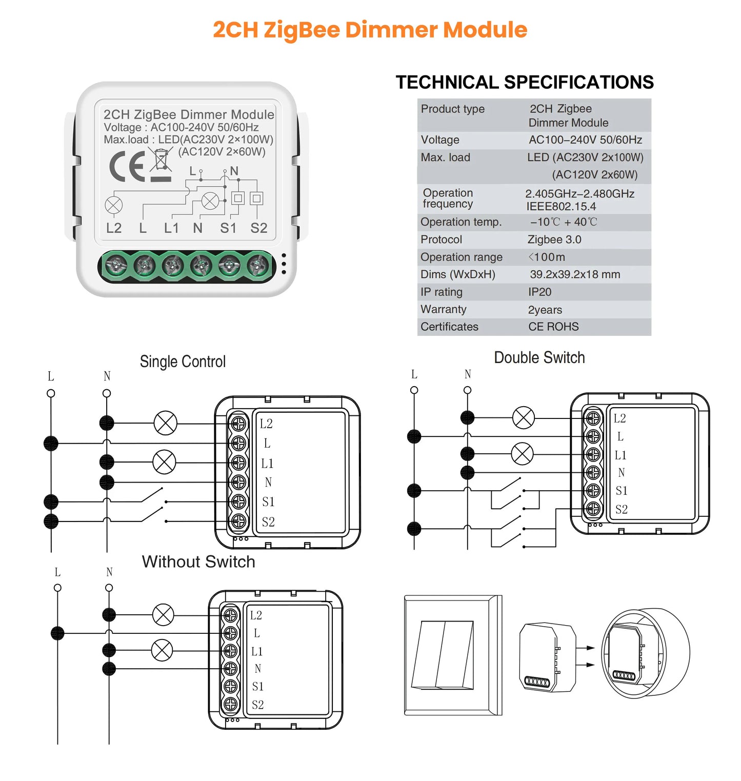 GIRIER Tuya Smart ZigBee 3.0 Dimmer Switch Module WiFi Breaker Relay for Dimmable Bulb Supports 2-way Control Works with Alexa