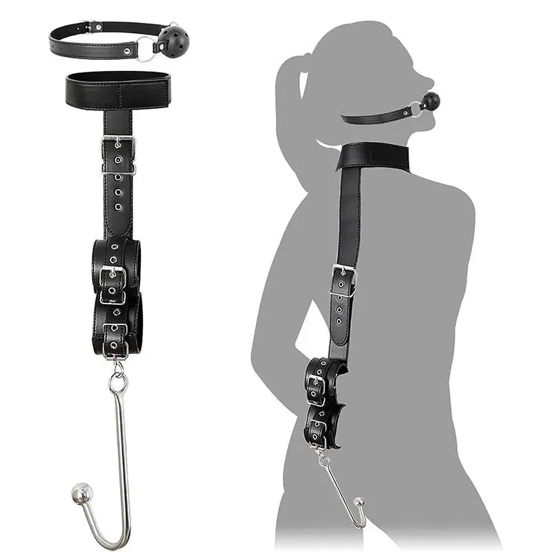 Sexual Bondage Restraint Kit BDSM Leather Thigh Sling Breast Belt Rear Handcuffs Spread Legs Slave Fetish Anal Hooks Fetish