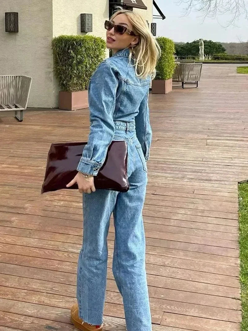 Streetwear Jeans Jumpsuits Fall Clothes 2024 Women Full Sleeve Long Pants Denim Rompers Playsuits One Pieces Set Overalls Outfit