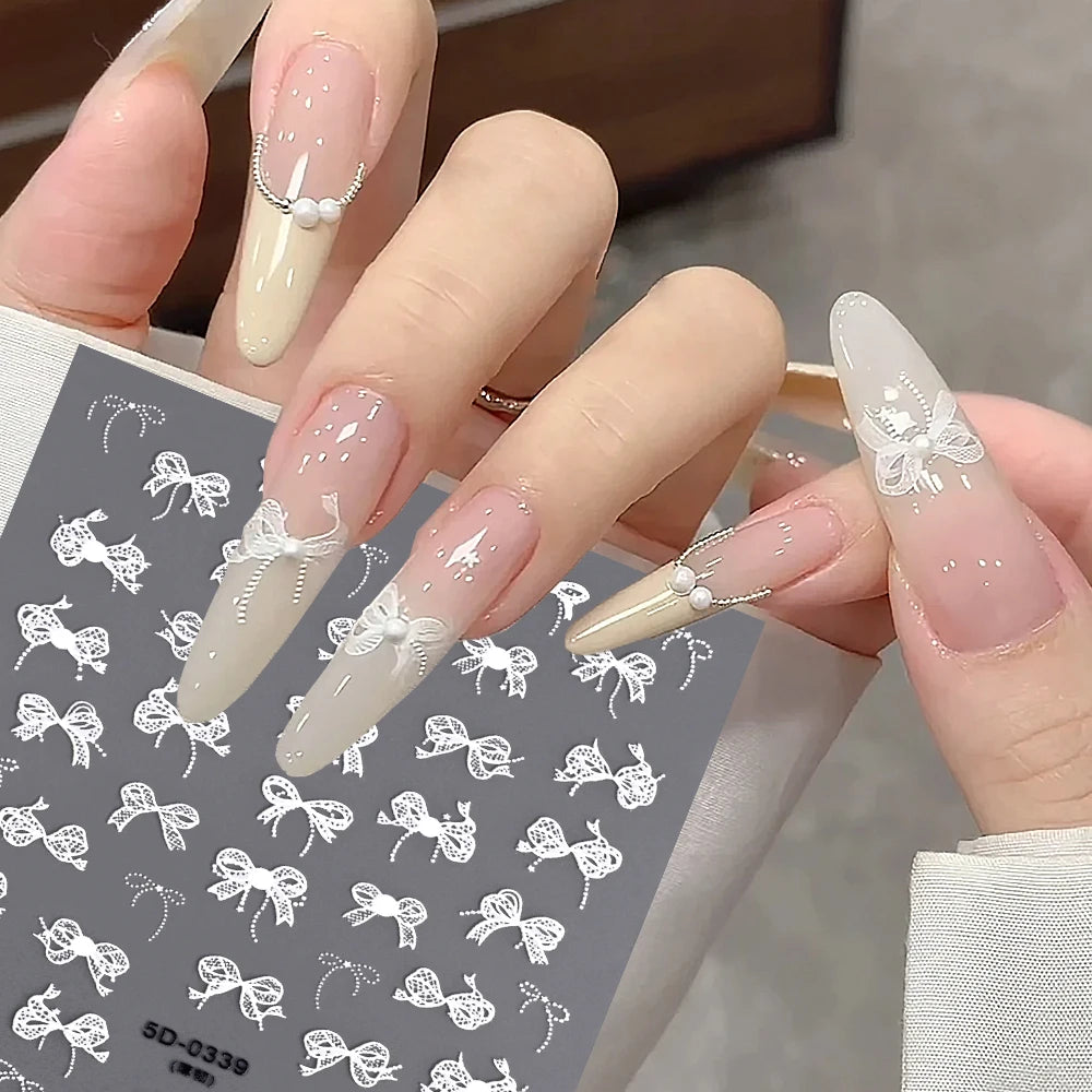 1pcs 5D White Lace Bowknot Nail Art Sticker Sweet Pearl  Bow Ribbon Self-Adhesive Nail Slider DIY Luxury Nail Decorations Decals
