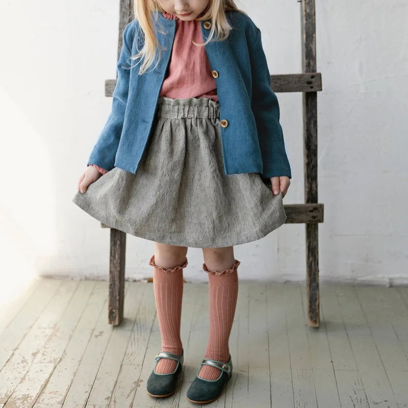 Spring Thin Retro Linen Jacket Children 2026 New Solid Color Single-Breasted Cardigan Casual Long-Sleeved Boys And Gilrs Coats
