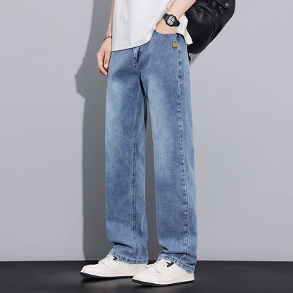 New Arrival American Vintage Wide Leg Elastic Denim Pants for Men Loose Straight Fit Flowy Versatile Casual Pants