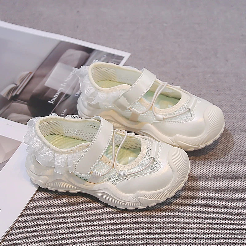Summer Toddler Girls Breathable Mesh Sneakers Lace Decor Anti-Collision Non-Slip Sole for Daily School Outdoor WeaI