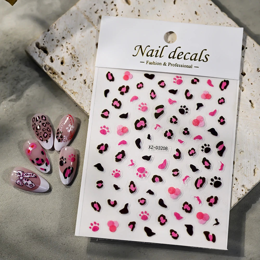 5D Pink Leopard Print Nail Art Stickers 8x10cm Pink/Black/Brown Leopard Nail Decal DIY Manicure Adhesived Leopard Slider