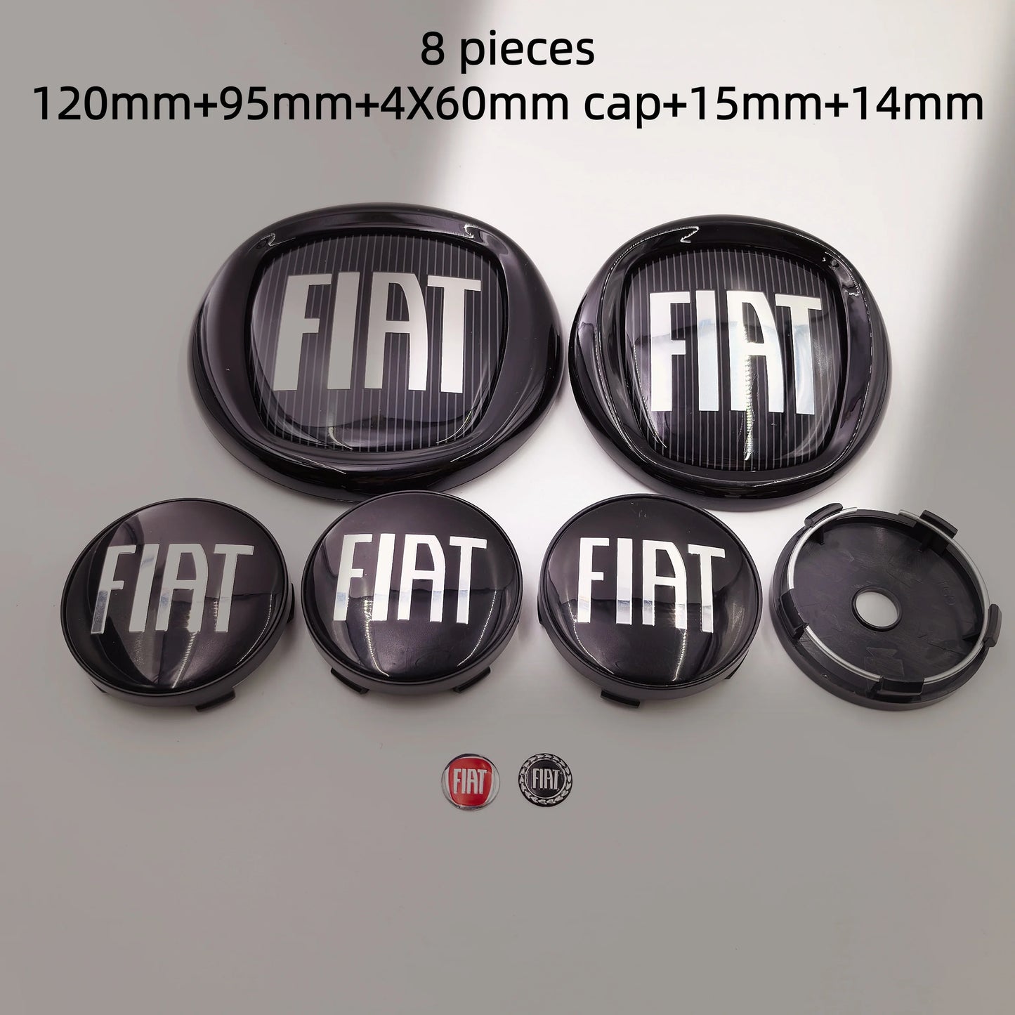 8pcs Fiat 500 Car Front Hood Emblem Rear Trunk Badge 95mm 120mm 12cm Wheel Center Logo Hub Cap 50mm 56mm 60mm 5cm 6cm