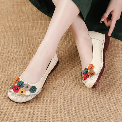 Vintage Flower Moccasins Woman Genuine Leather Ballet Flats Ladies Hollow Slip Ons Women's Luxury Loafer Purple Walking Shoes 42