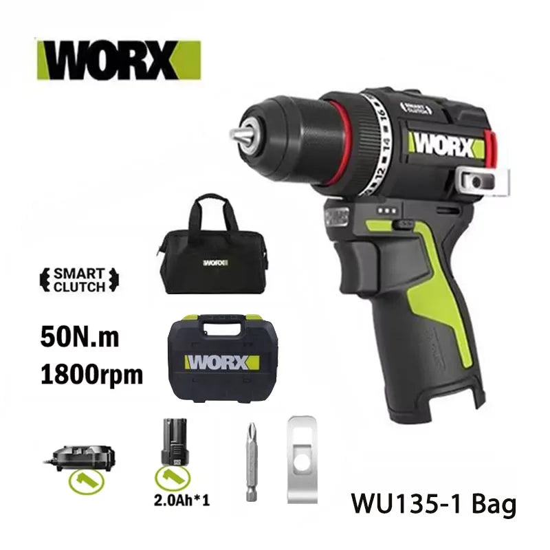 WORX WU135 Cordless Electric Drill 12V 50Nm 1800rpm Brushless Motor for Home Improvement Carpentry Metalworking Smart clutch