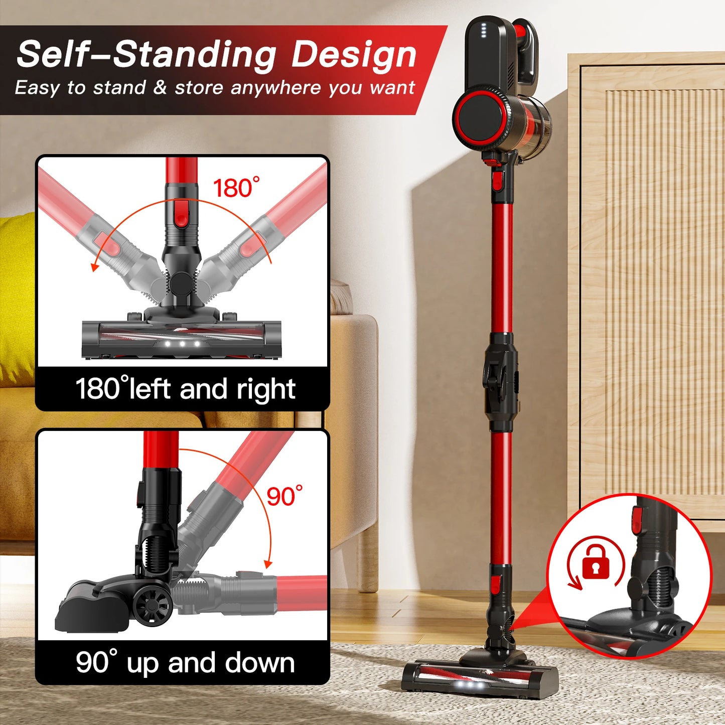 Cordless Vacuum Cleaner, 32KPA Househeld Stick Vacuum Cleaner With LED Lights, Foldable Tube, Washable Hepa Filtration, Self-standing, 4000mAh Battery, Multifunction Accessories, Lightweight Vacuum For Hardwood Floor Carpet P
