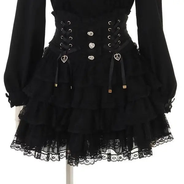 Japanese Sweet Lolita Style Mini Skirt Women Retro Elegant Lace Bandage Party Cake Skirts Female Gothic Y2k Metal Buckle Skirts