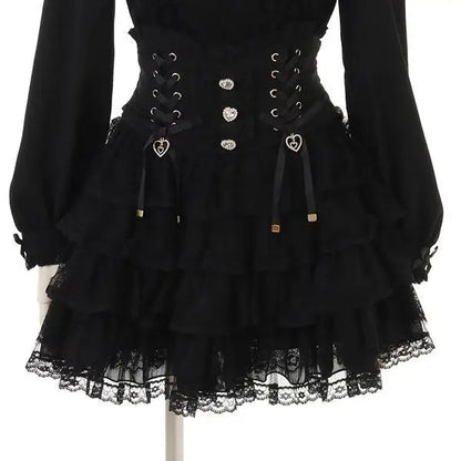 Japanese Sweet Lolita Style Mini Skirt Women Retro Elegant Lace Bandage Party Cake Skirts Female Gothic Y2k Metal Buckle Skirts