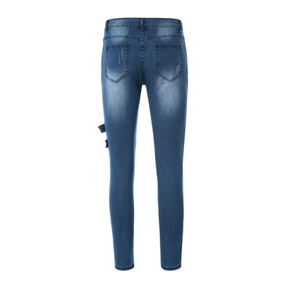 2025 New Men Slim Biker Ripped Long Denim Trousers Skinny Jeans Side Straps Zips Male Jogging Pants Destroyed Stretchy Pants