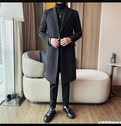 Autumn Winter Vintage Men's Woolen Long Coat Fashion Lapel High Quality Double Breasted Formal Men Slim Fit WindBreaker Overcoat