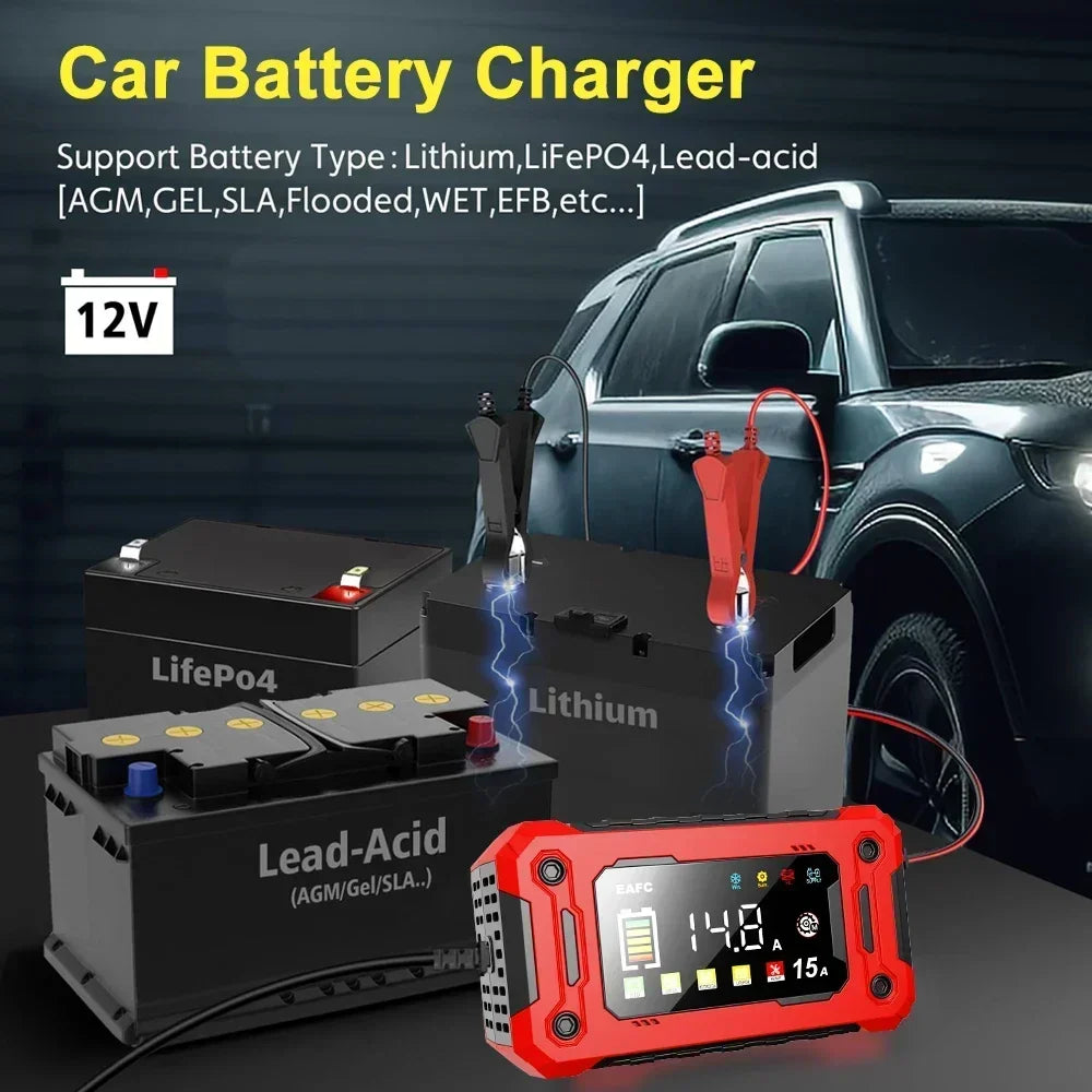 12V 8A /12V 15A Car Battery Charger | One-Touch Pulse Repair & Auto Start | All-in-One Fast Charger for Car, Motorcycle, Truck