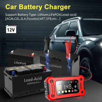 12V 8A /12V 15A Car Battery Charger | One-Touch Pulse Repair & Auto Start | All-in-One Fast Charger for Car, Motorcycle, Truck
