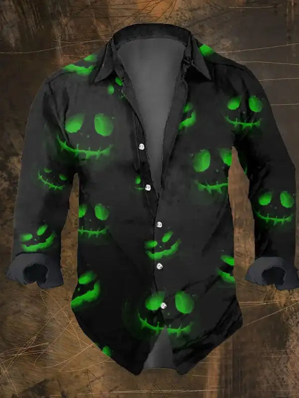 Halloween Men's Dark Skull Prints Casual Long Sleeve Shirt-Vintage Skull Floral Print,Regular Fit,Lapel Collar, Polyester Blend