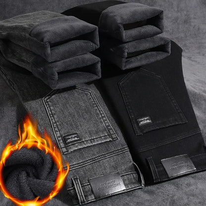 Men's Winter Stretch Fleece Jeans Thickened Warm Loose Straight Velvet Denim Trousers Classic Business Casual Black Work Pants