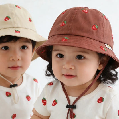 Boys Cute Sun Bucket Cap 48-50cm Spring Summer New Girl Fisherman Hat with Strawberry Embroidery Fashion Kids Toddler Outfit Cap