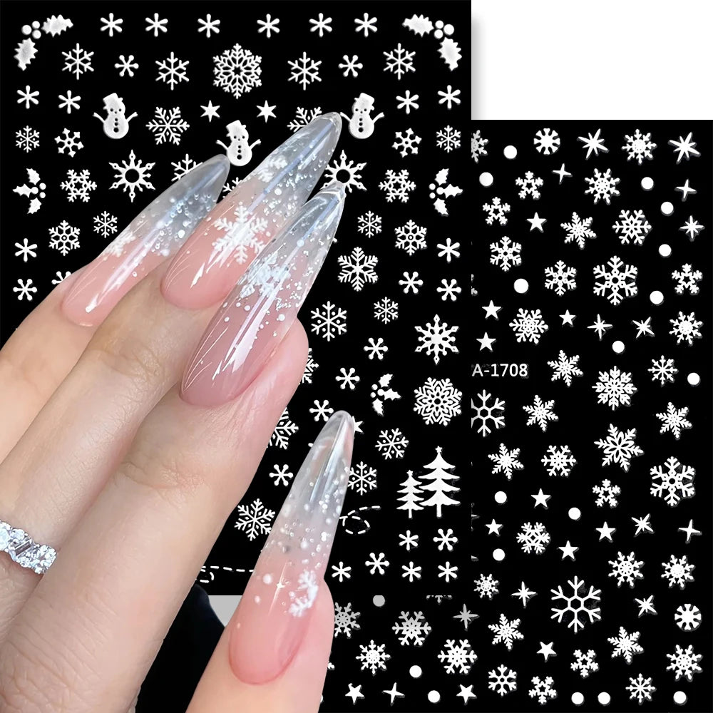 1sheet 3D White Snowflakes Nail Stickers for Christmas Winter Snow Flower Self-adhesive Nail Art Decals DIY Manicure Decorations