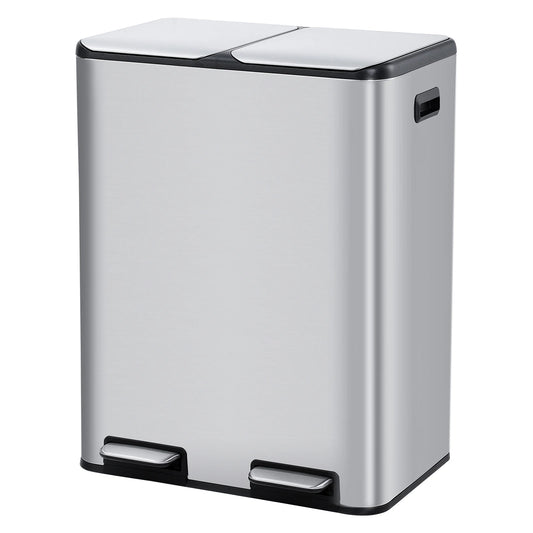 2 * 30L Stainless Steel TrashCan Dual Classification Foot Pedal Bins - Soft Close Lid/Removable Liner Buckets Recycling Solution
