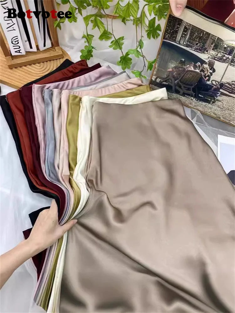 Botvotee Elegant Satin Long Skirt for Women Spring Summer 2025 Office Ladies Korean Style Loose Elastic Band Midi Skirts