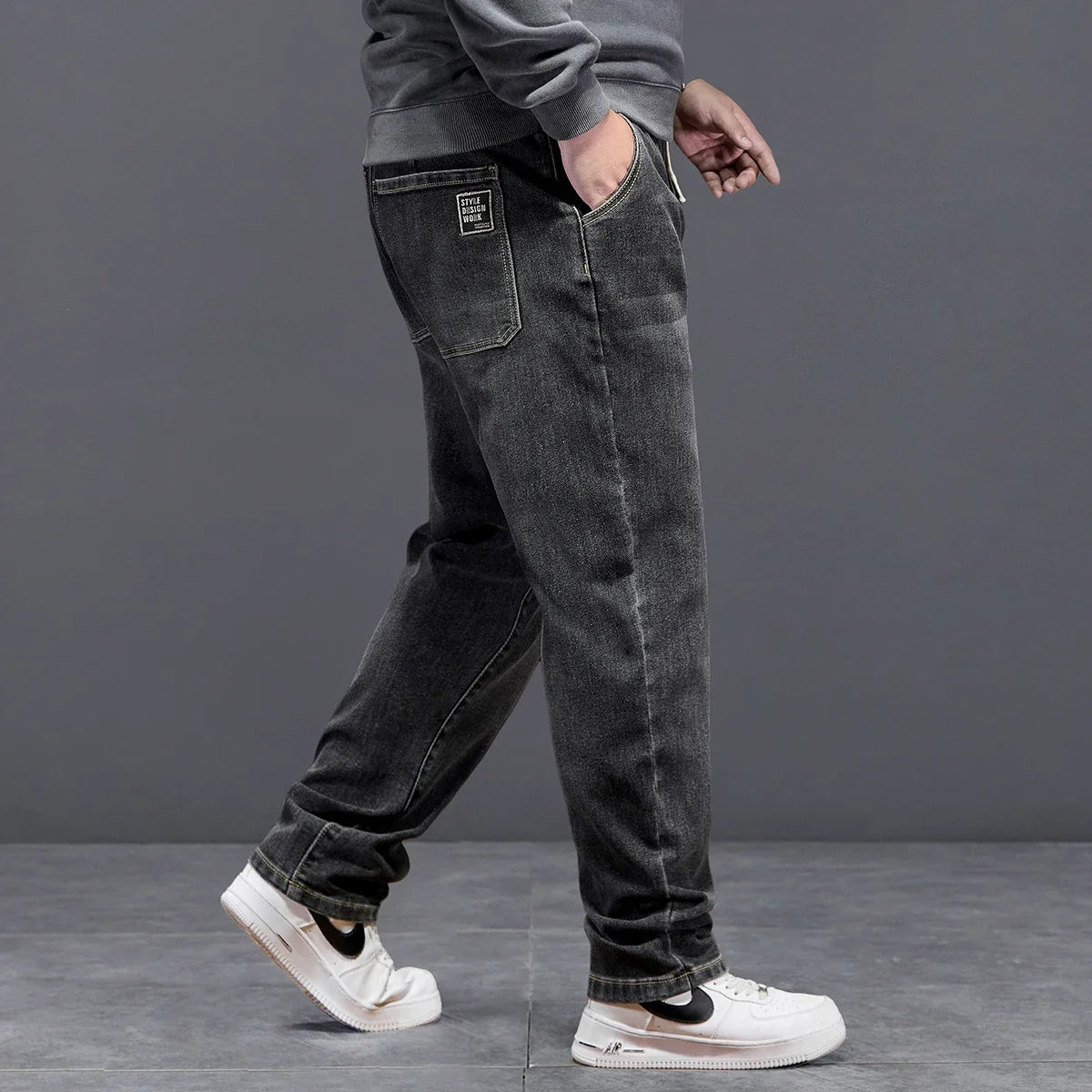 Extra Big Size Jeans Men High Elastic Waist Baggy Denim Pant Male Plus Large Loose Slim Fit Cowboy Trouser 8XL 6XL Classic Black