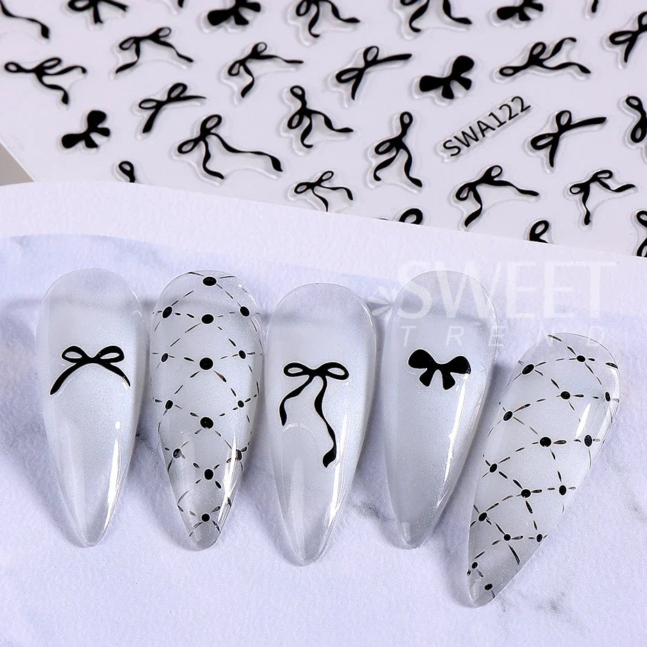 4/8pcs Bowknot Ribbon Nail Stickers Mini Kawaii Lace Bow Tie Design Self-Adhesive Nail Art Decals DIY Manicure Supplies Decor