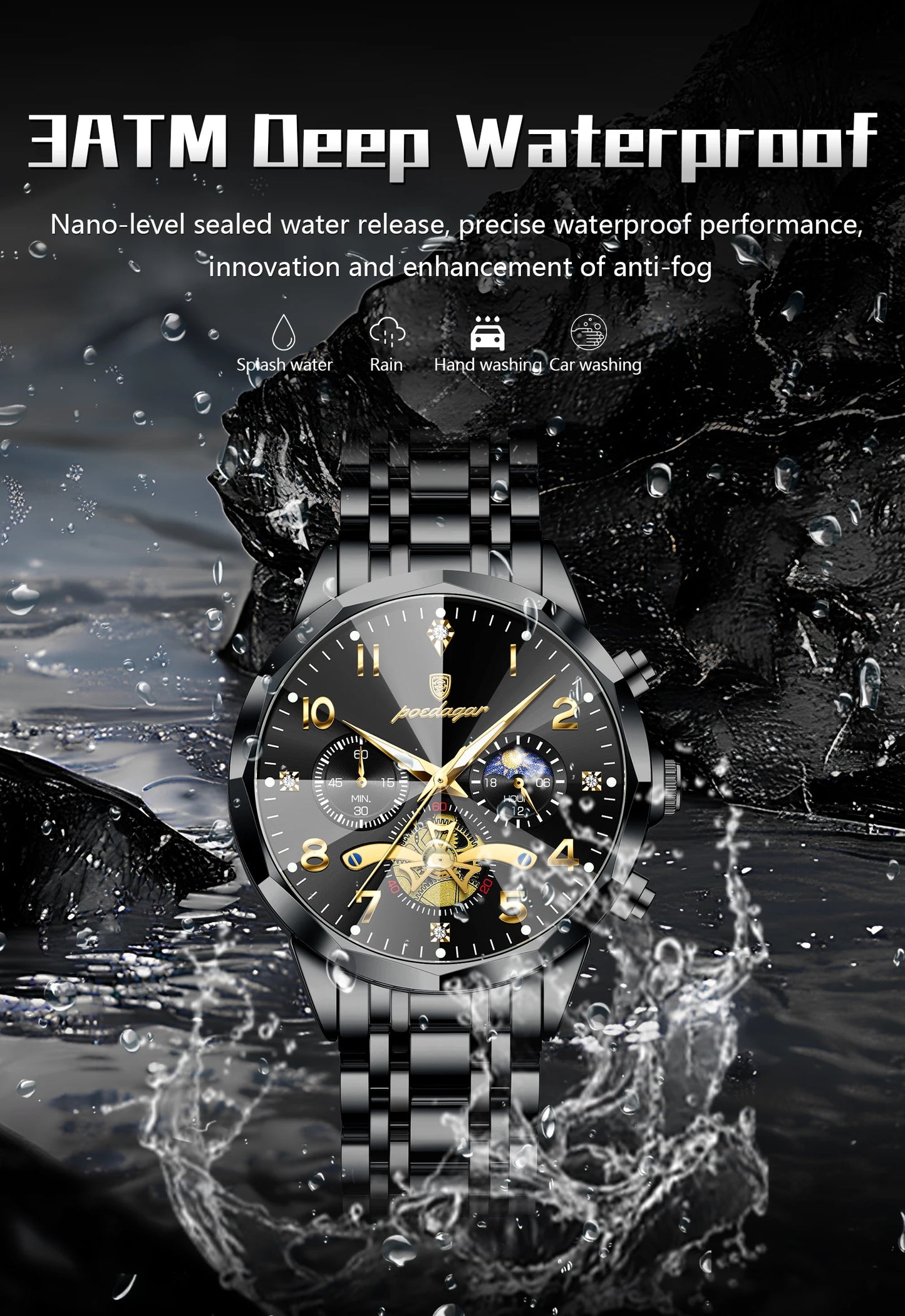 POEDAGAR Luxury High Quality Man Wristwatch Chronograph Stainless Steel Quartz Men's Watches Waterproof Luminous Men Clock Reloj