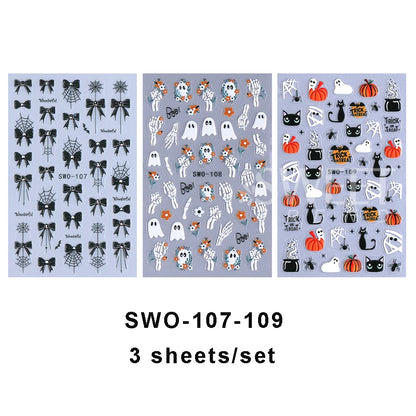 1/3pcs 3D Halloween Nail Stickers Pumpkin Ghost Spider Skull Design Bow  Flower Cute Cat Adhesive Slider Decals Manicure Decor