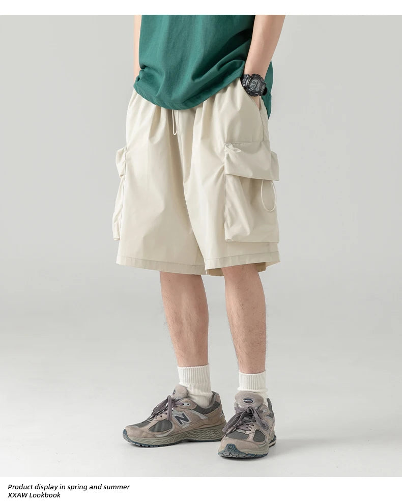 2025 Summer New Japanese Style Large Size Thin Shorts Men Loose Knee Cargo Shorts Hip Hop Streetwear Male Short Trousers
