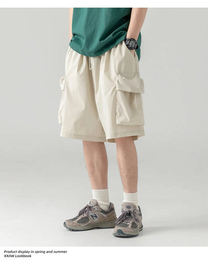 2025 Summer New Japanese Style Large Size Thin Shorts Men Loose Knee Cargo Shorts Hip Hop Streetwear Male Short Trousers
