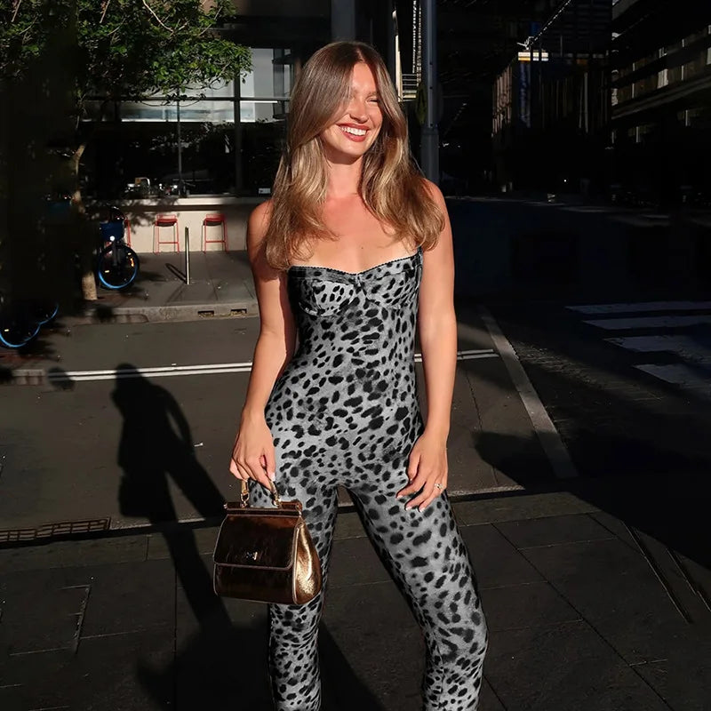 VEITCHE Leopard Printed Women Summer Jumpsuits Sexy Hot Popular Low Neck Spaghetti Strap Skinny Overalls Female Trend Midnight