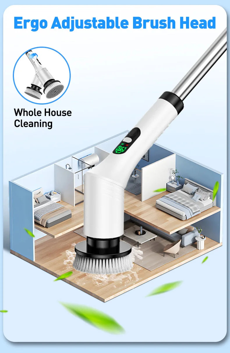 Electric Spin Scrubber 9 in 1 Cordless Cleaning Brush Telescopic Handle LED Display Wireless Bathroom Kitchen Floor Tile Cleaner