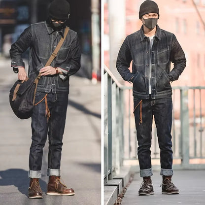 Maden Vintage Raw Denim Jeans for Men 14.8 OZ Jeans Denim Washed Straight Tapered Fit Pants Mid Waist Casual Trousers