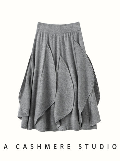 French 100% Pure Cashmere Skirt Ruffle Irregular A-line Soild Midi Sirt Autumn Winter Women Elegant Pleated  Knit Dress Fashion