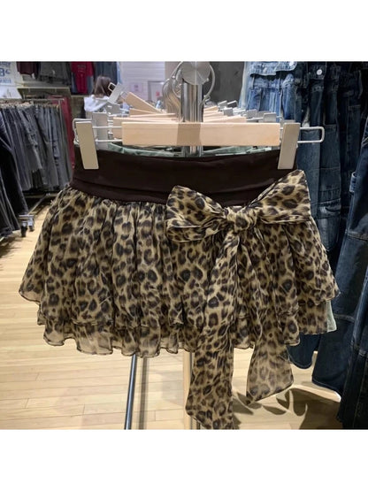 HOUZHOU Women Leopard Mini Skirt Y2k Gyaru Elastic Waist Layered Short Skirt Female Harajuku Kawaii Slim High Waist Skirts