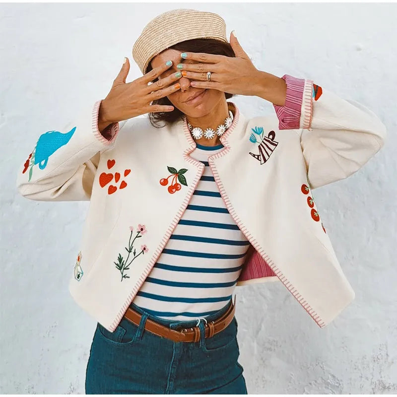 Embroidered Print Cropped Woolen Jacket Women Casual O Neck Full Sleeve Outwear 2025 Autumn Lady Daily Commuting Street Jackets