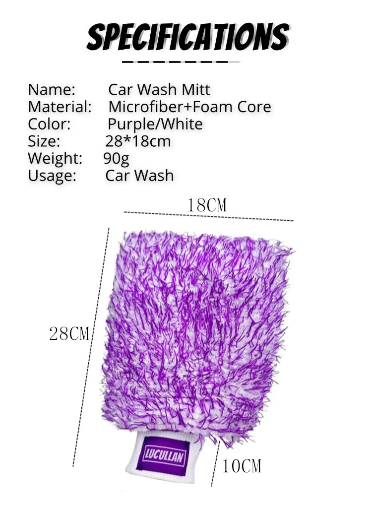 Lucullan Logo Premium Purple Microfiber Glove Super Absorbency Foam Stitch Inner Lining Car Wash Mitt